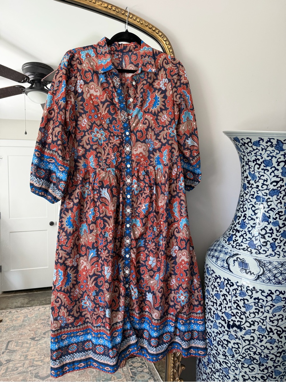 House of Harlow 1960 Brown and Blue Paisley Midi Shirt Dress - Picture 6 of 7